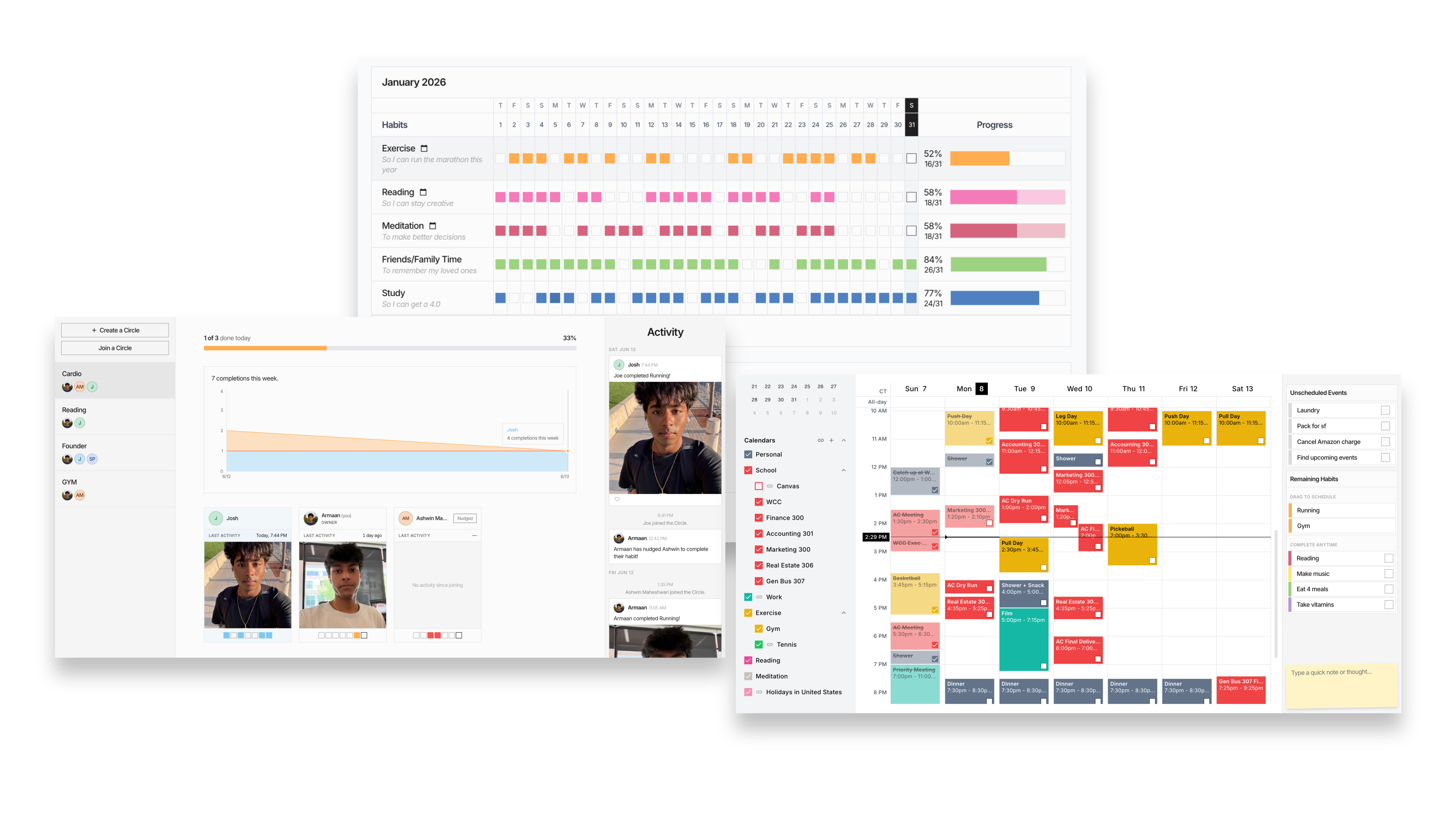 Priority calendar, habits, and circles in one view